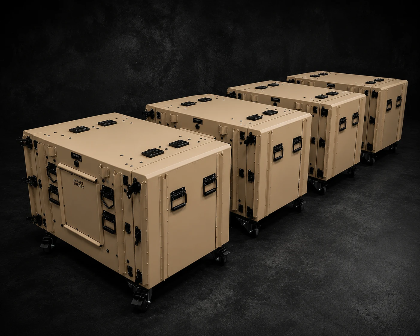 Row of tan Impact rackmount transit cases on casters