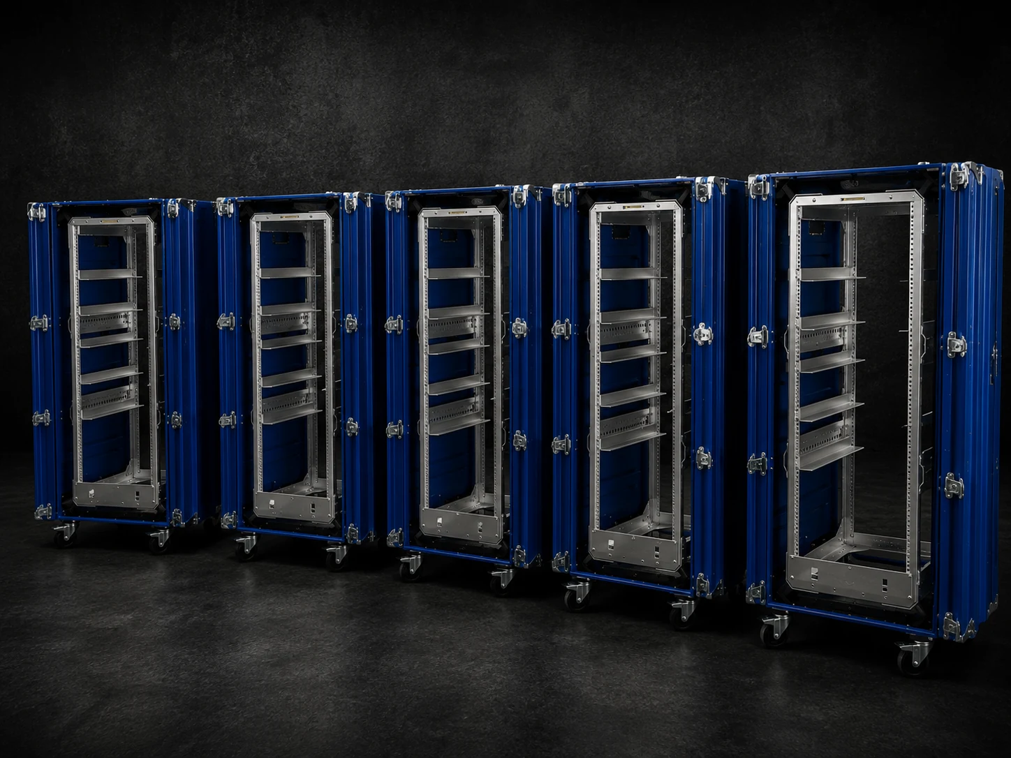 ConQuest blue riveted aluminum rackmount case lineup with open lids