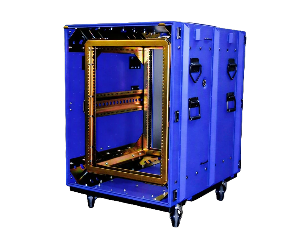 ConQuest rackmount case with the rack frame visible through the open lid