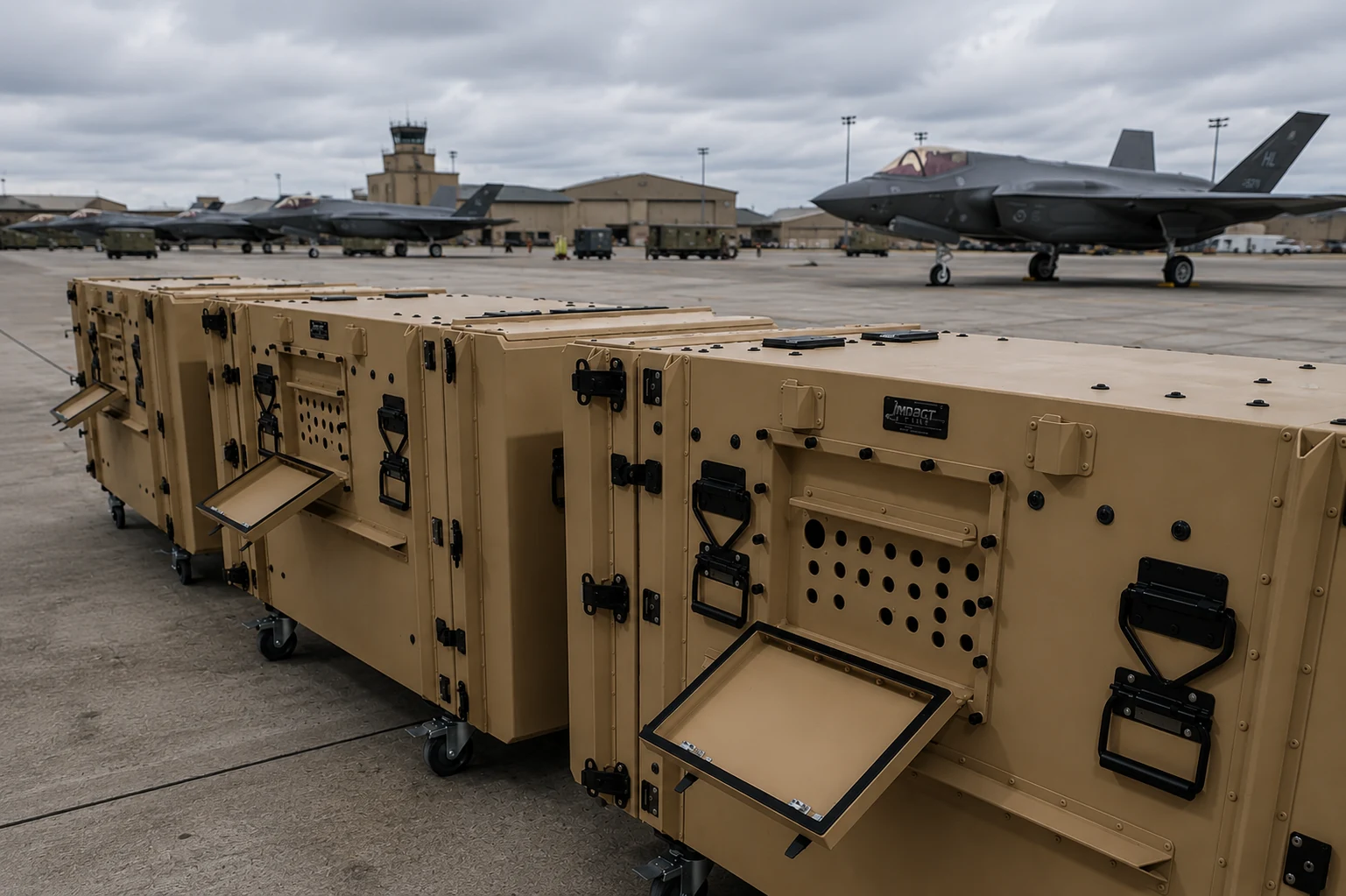 Lineup of tan Impact Cases transit cases on a flightline with F-35 aircraft behind