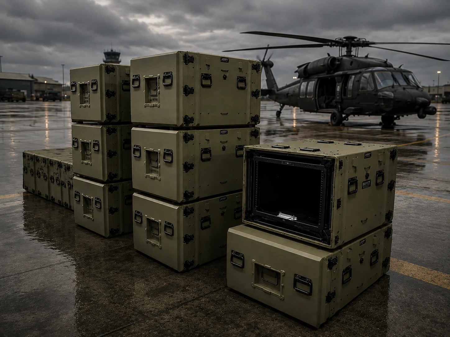Stacked military transit and rackmount cases on a wet flight line with a Black Hawk helicopter behind them