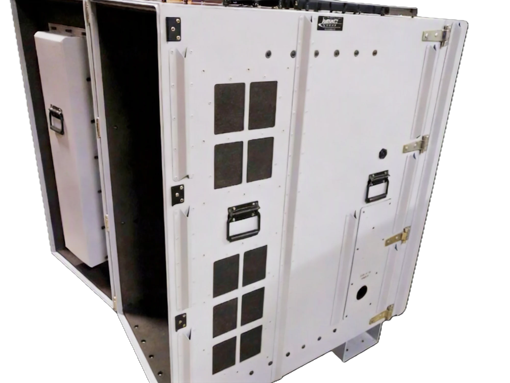 Target EMI/RFI shielded rackmount case, open showing internal EMI-gasketed panel construction