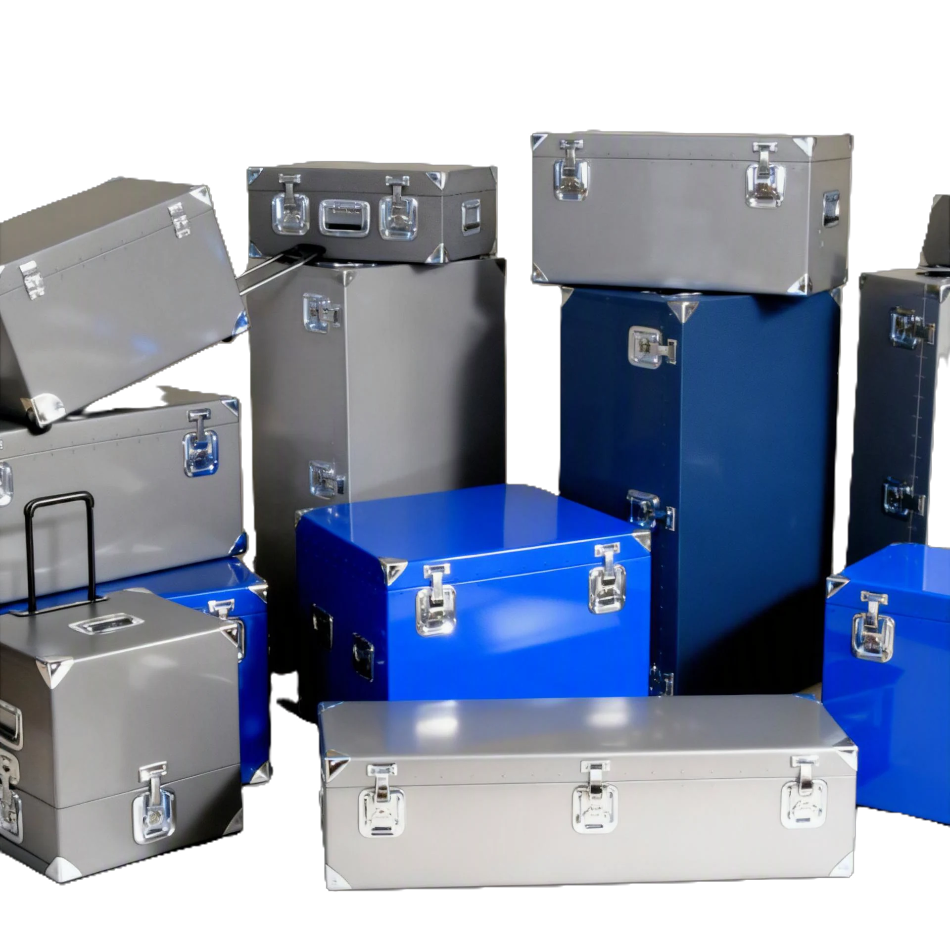 Lineup of ConQuest single lid aluminum cases in a range of sizes, natural and blue powder coat finishes