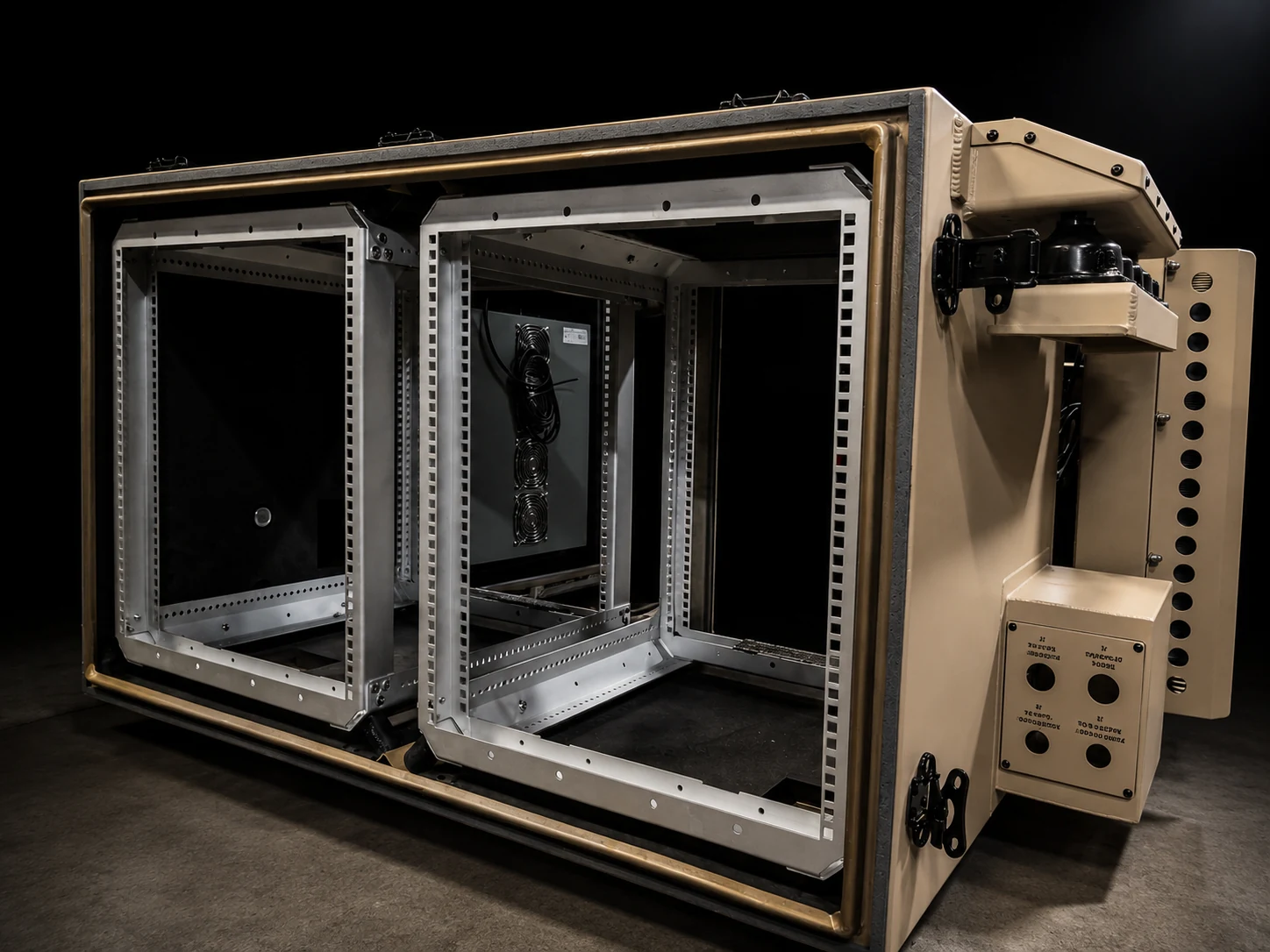 Target dual wide case interior showing the two side by side rack frames and an integrated fan panel