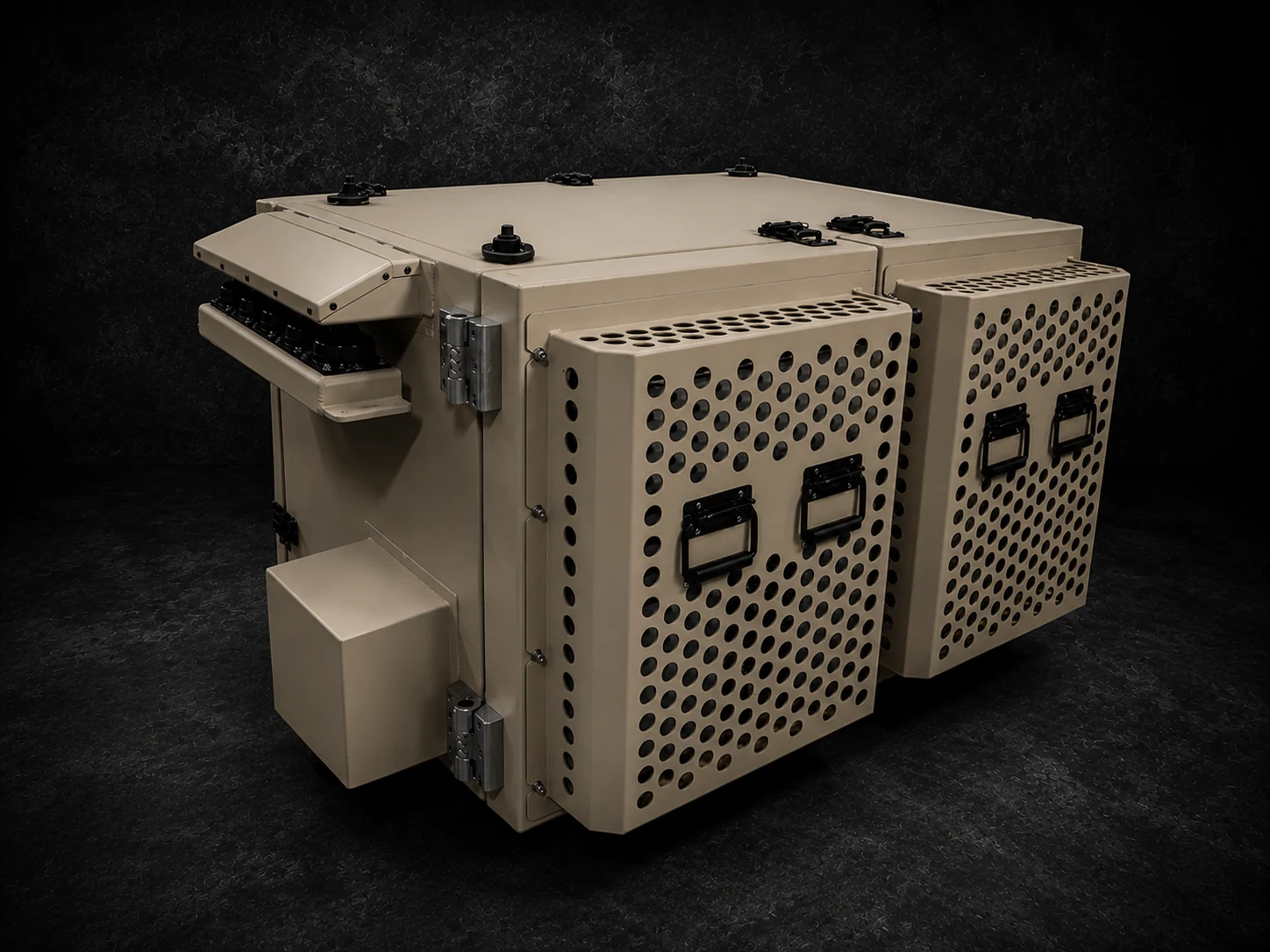 Target Military dual wide rackmount case in desert tan with vented panels, top mounted equipment tray and connector box