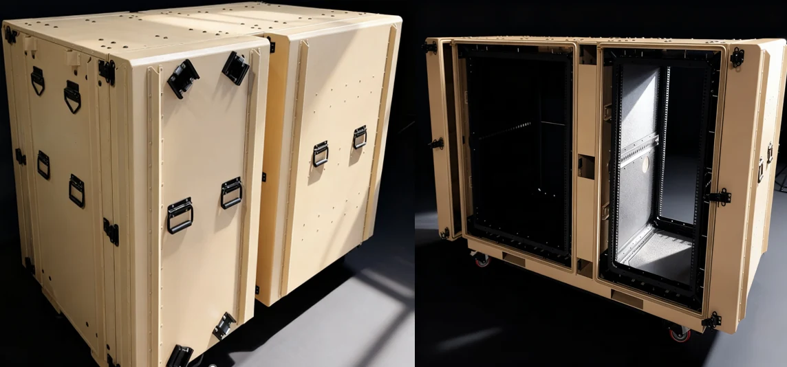 Target dual wide rackmount case shown closed and with both lids opened to the side by side rack frames