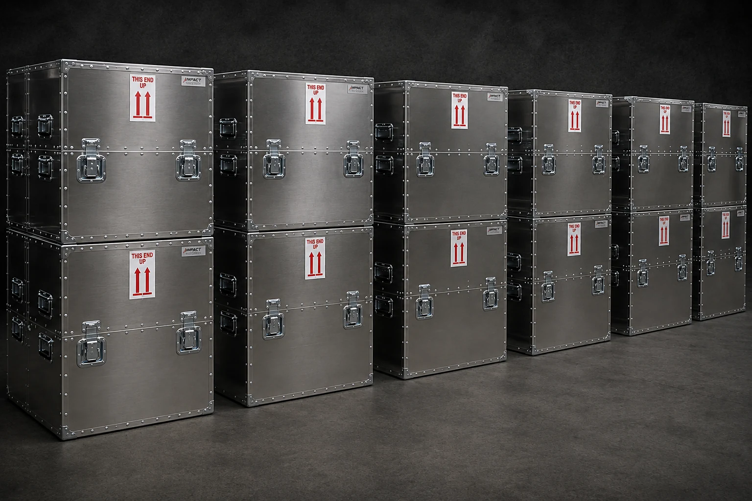 Rows of stacked riveted aluminum Impact cases marked THIS END UP