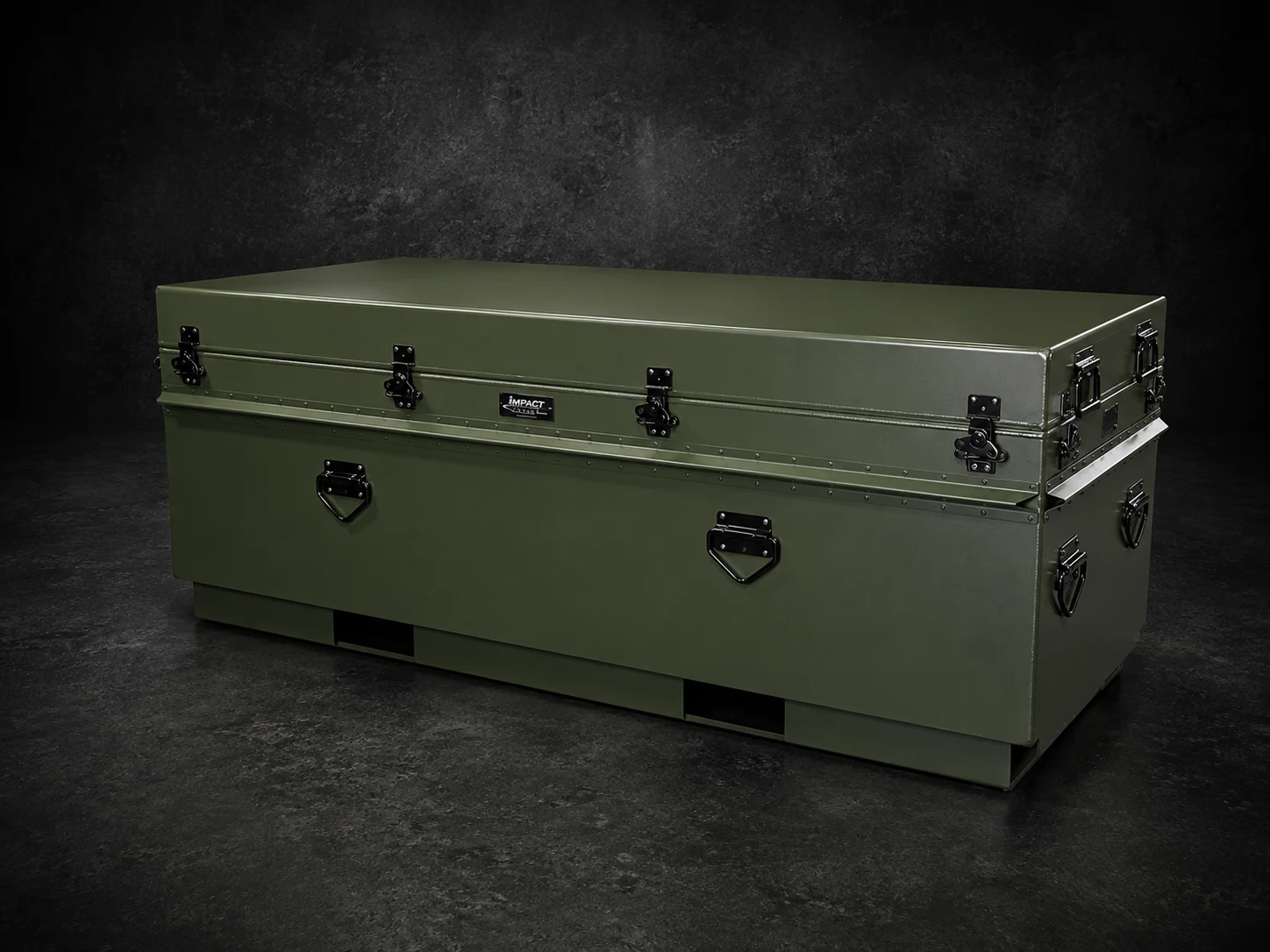 Long olive drab Impact single lid case on a forklift skid base