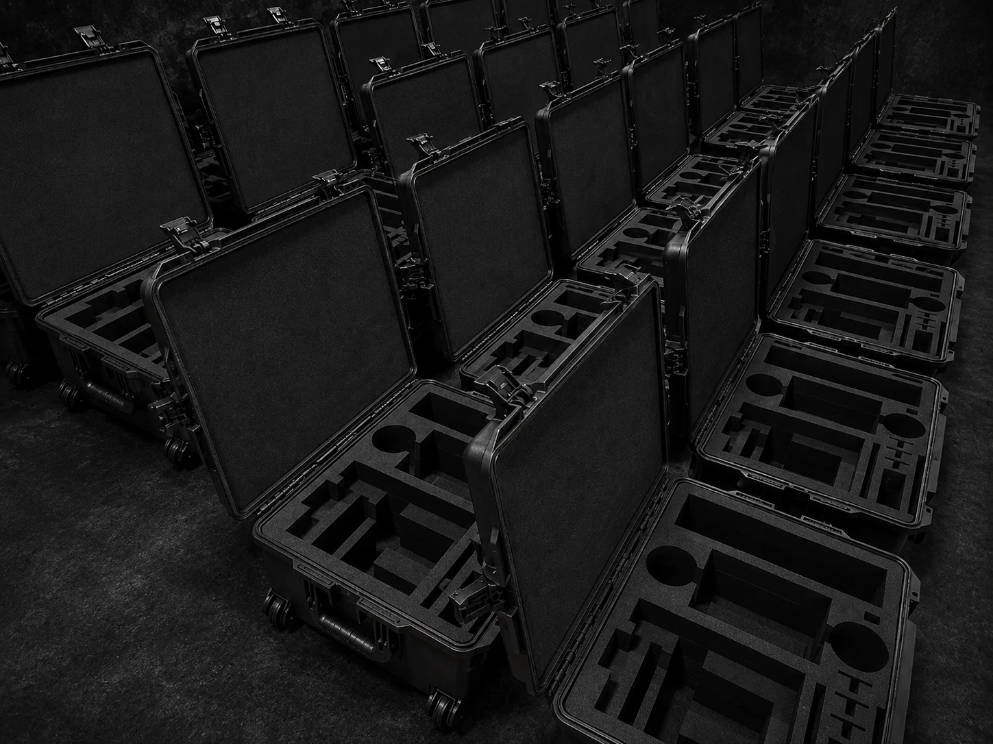 Rows of open black plastic cases fitted with custom routed foam inserts