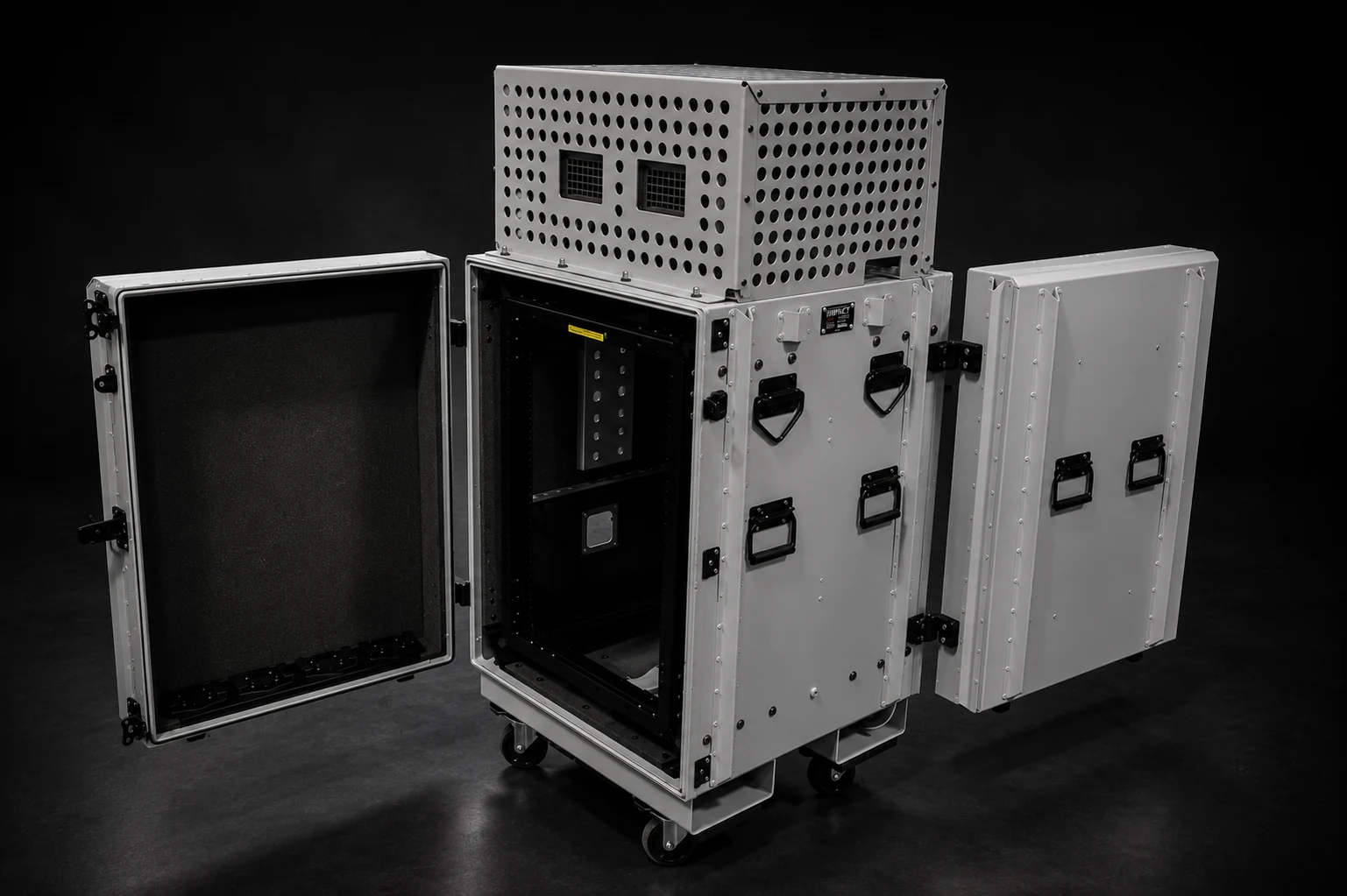 Impact rackmount case system broken out with a perforated vented top module and side panels