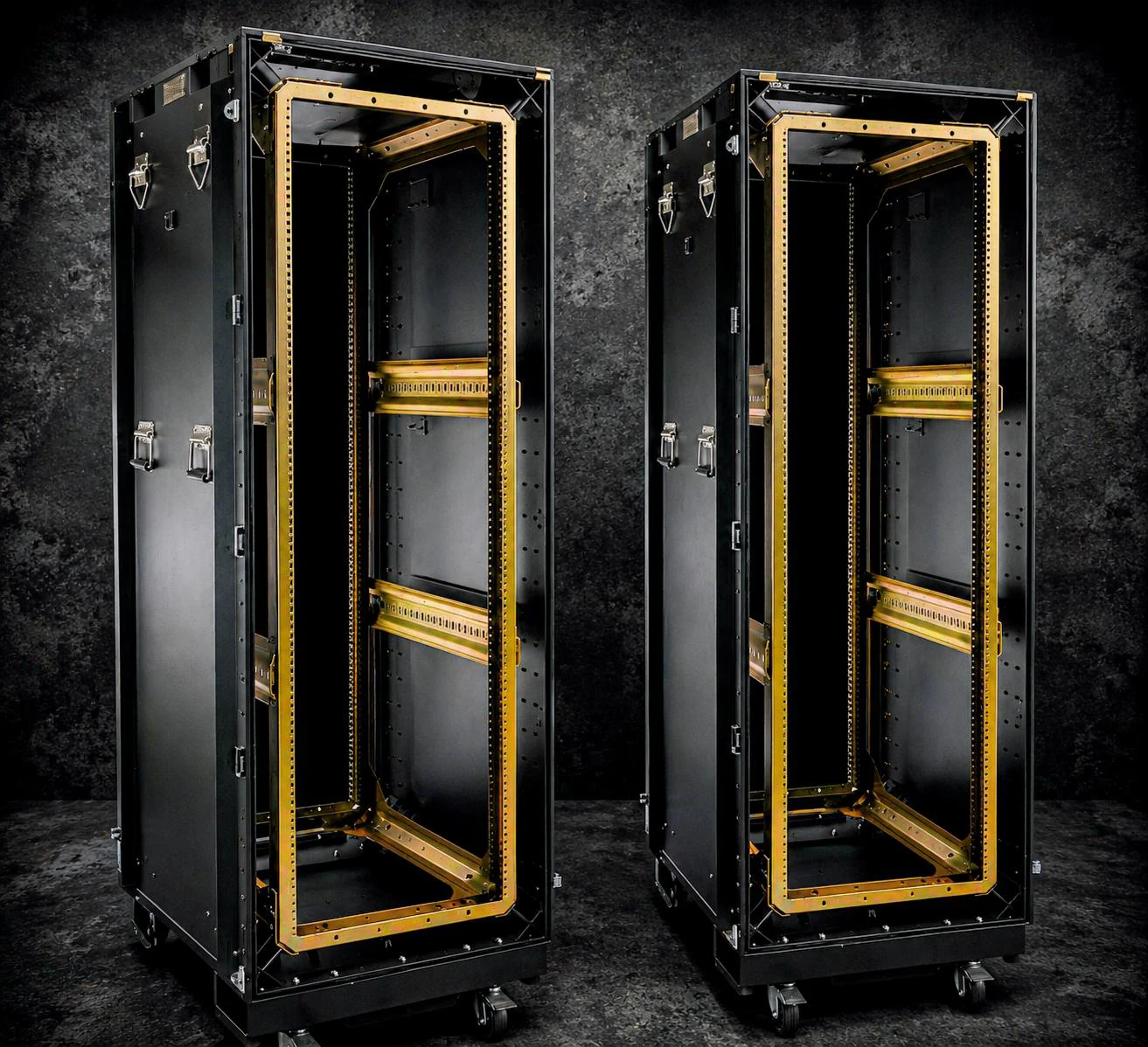 Pair of black Impact rackmount cases with gold zinc-plated open rack frames