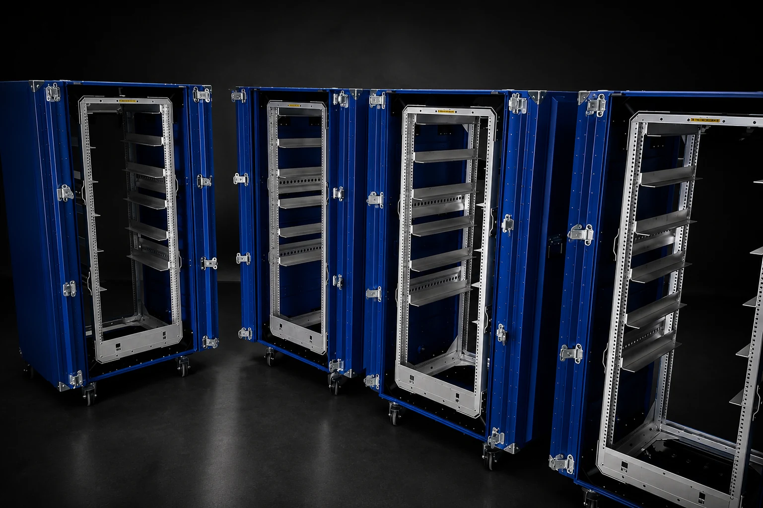 Lineup of blue Impact rackmount case systems, open rack frames facing forward