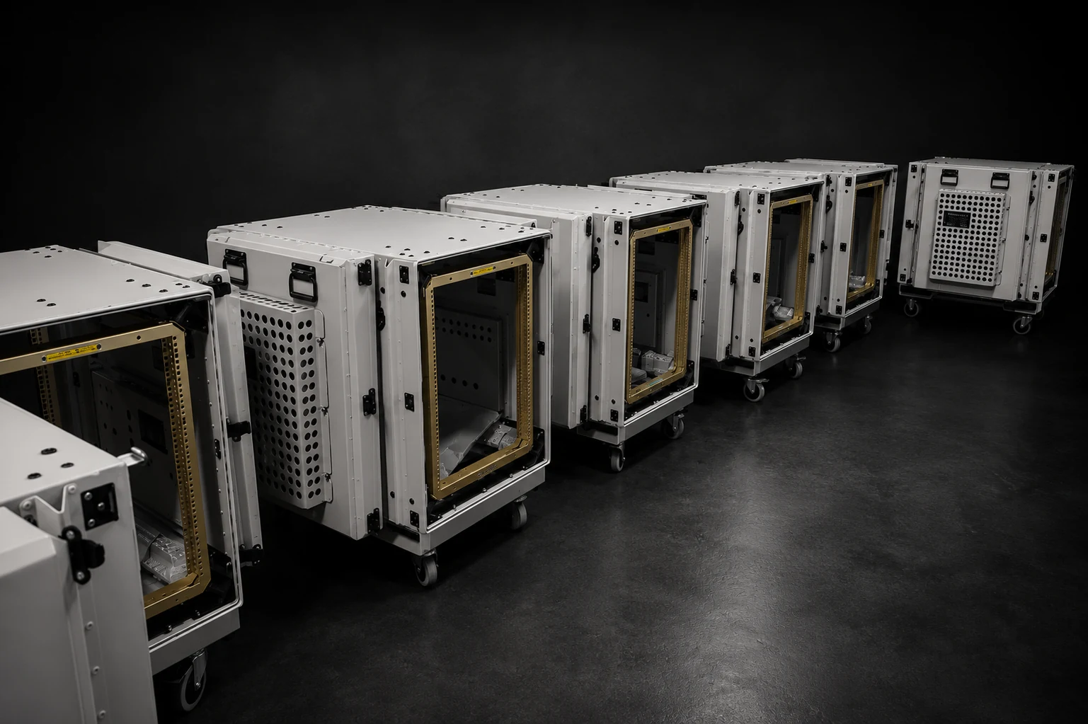 Row of Impact rackmount cases with open rack frames facing forward