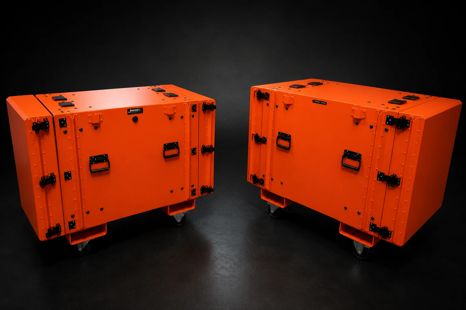 Two high-visibility orange Impact rackmount cases on casters