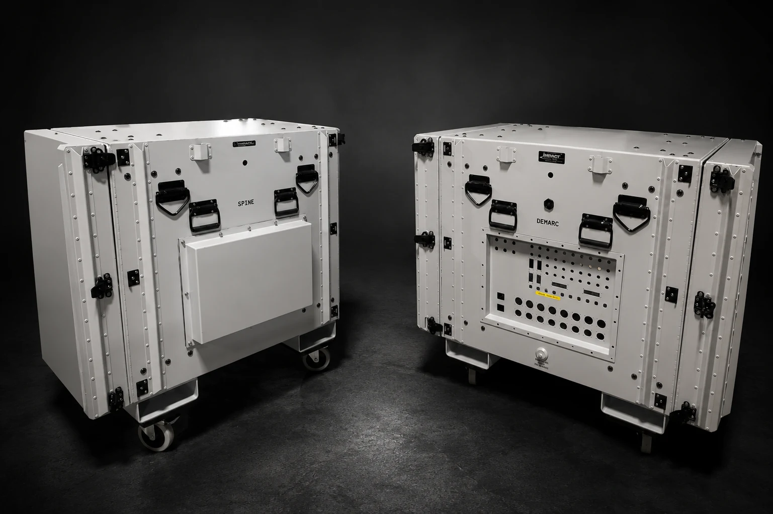 Two white Impact rackmount cases labelled SPINE and DEMARC