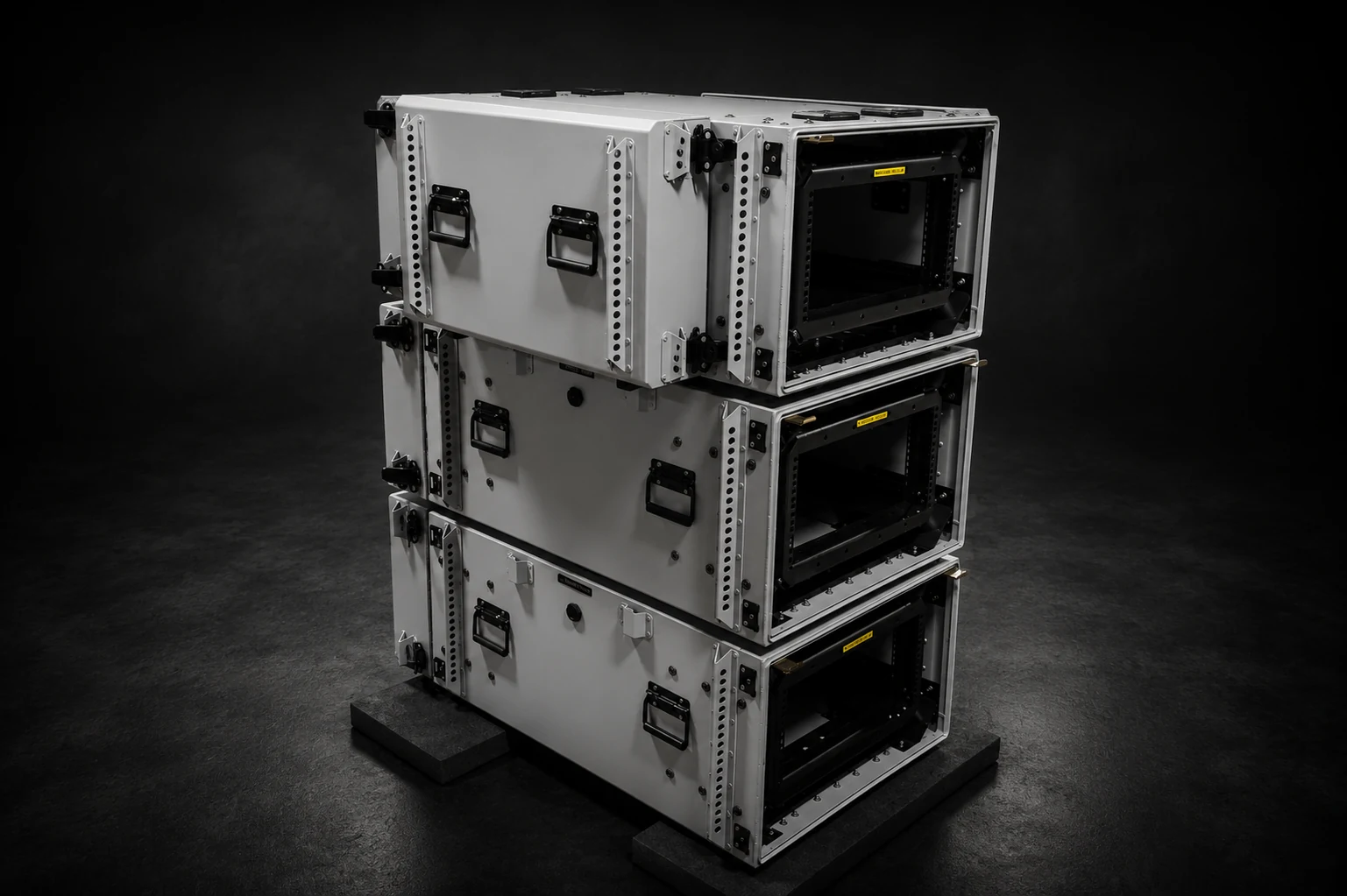 Three Impact rackmount cases stacked on foam blocks