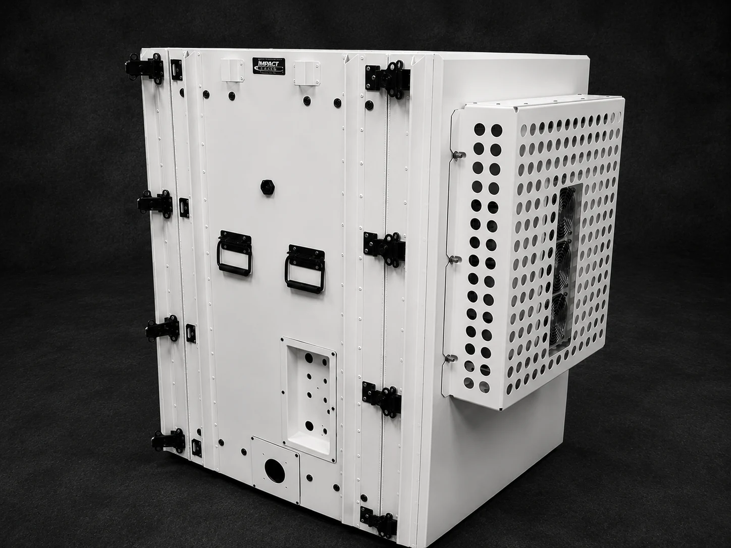 White Impact rackmount case with a perforated vented side panel and three cooling fans