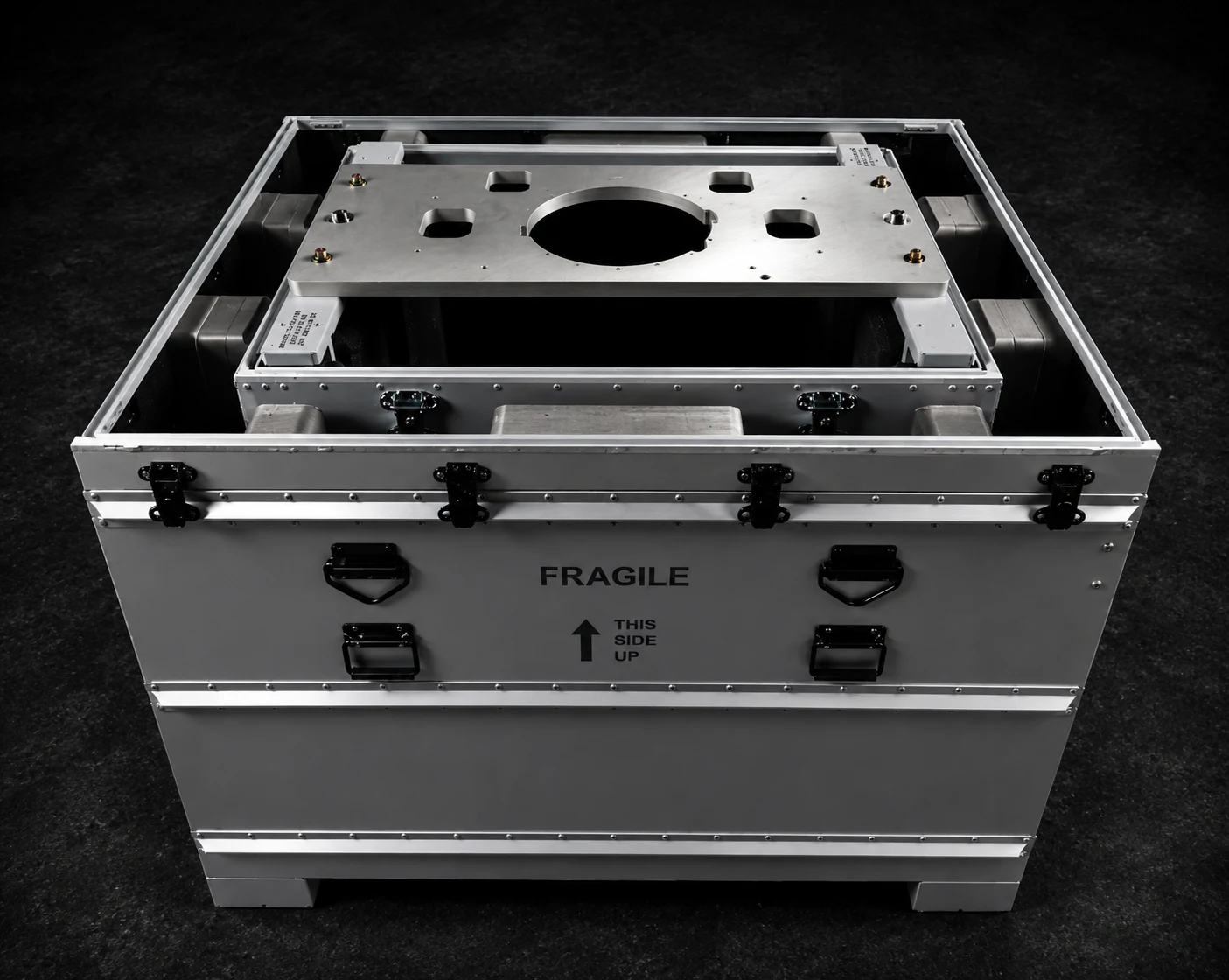Open grey Impact case stencilled FRAGILE with a shock mounted machined equipment tray
