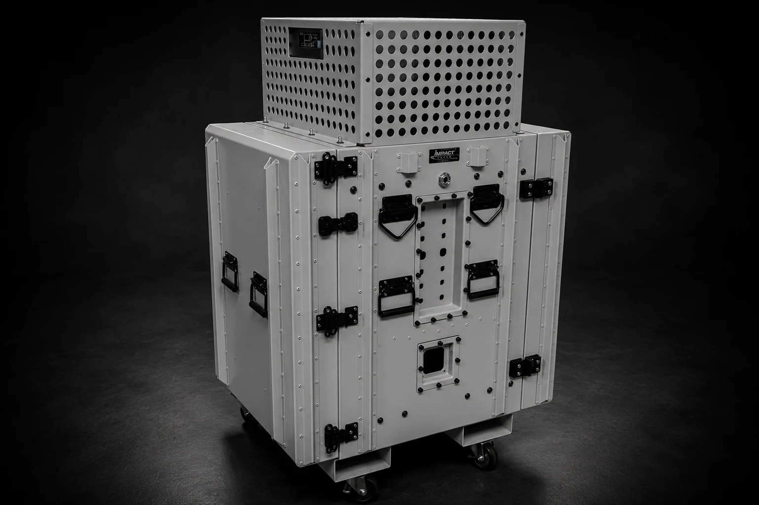 Impact Cases aluminum case on casters with a vented equipment module mounted on top
