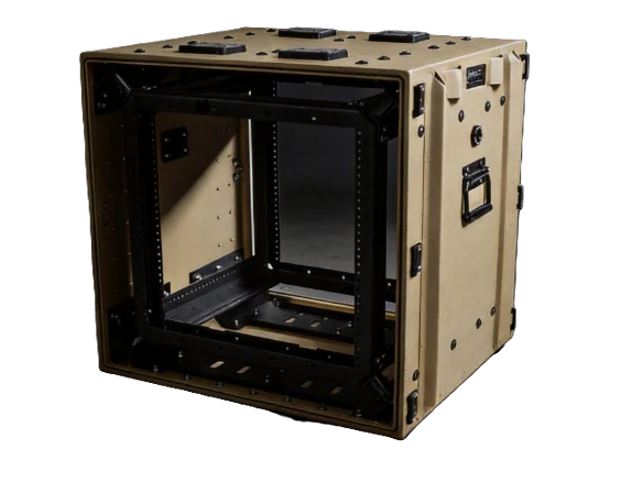Target Military rackmount case, open, showing a custom-built interior rack rail