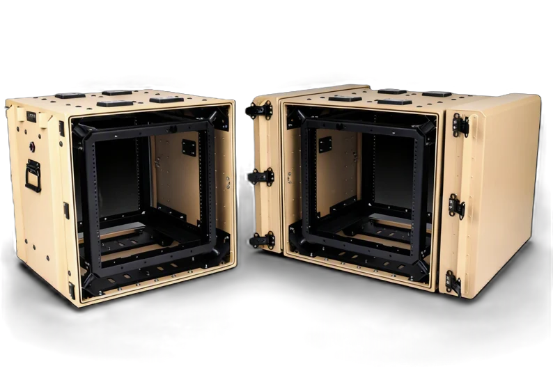 A pair of Target Military rackmount cases, open, showing internal rack frames