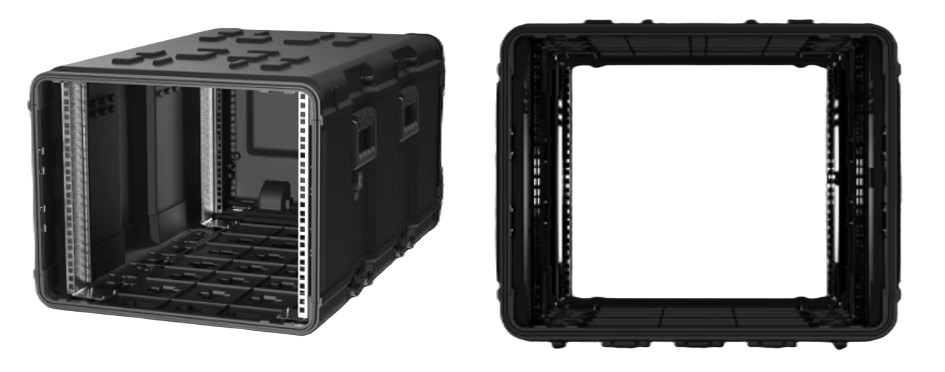 Black Loadmaster rackmount case shown open at an angle beside a front view of its 19-inch rack frame