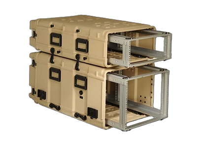 Two tan Loadmaster rackmount cases stacked with slide-out 19-inch racks