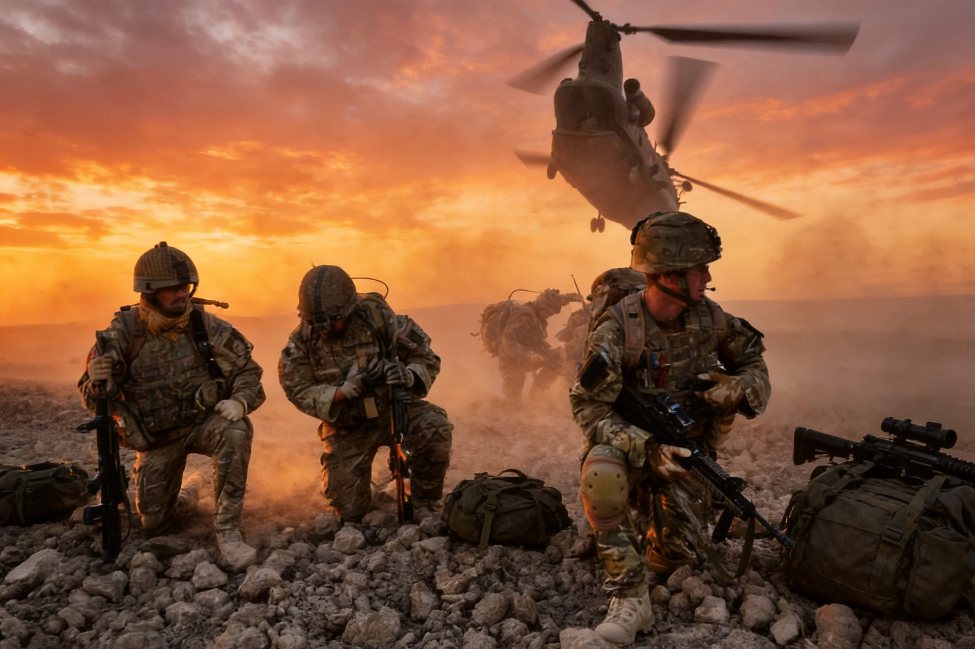 Troops and equipment with Chinook helicopter at sunset