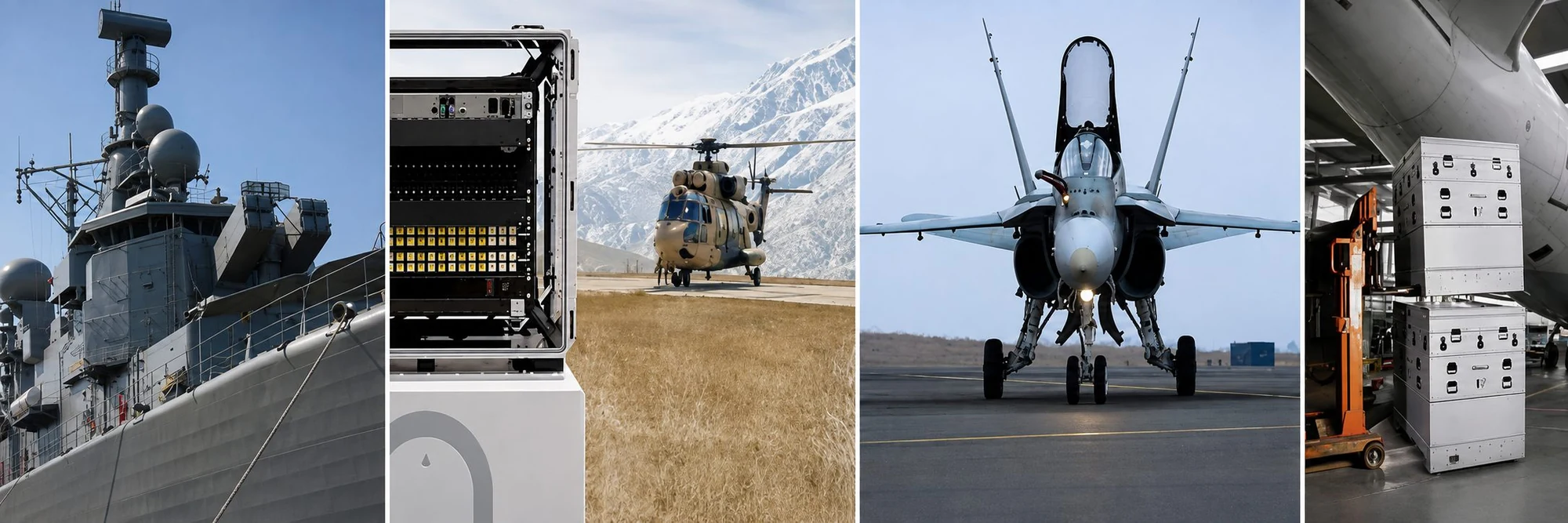 Impact case systems deployed by land, sea and air, naval frigate superstructure, an open rackmount case, a helicopter landing in the mountains, an F/A-18 on the tarmac, and transit cases loading into a transport aircraft