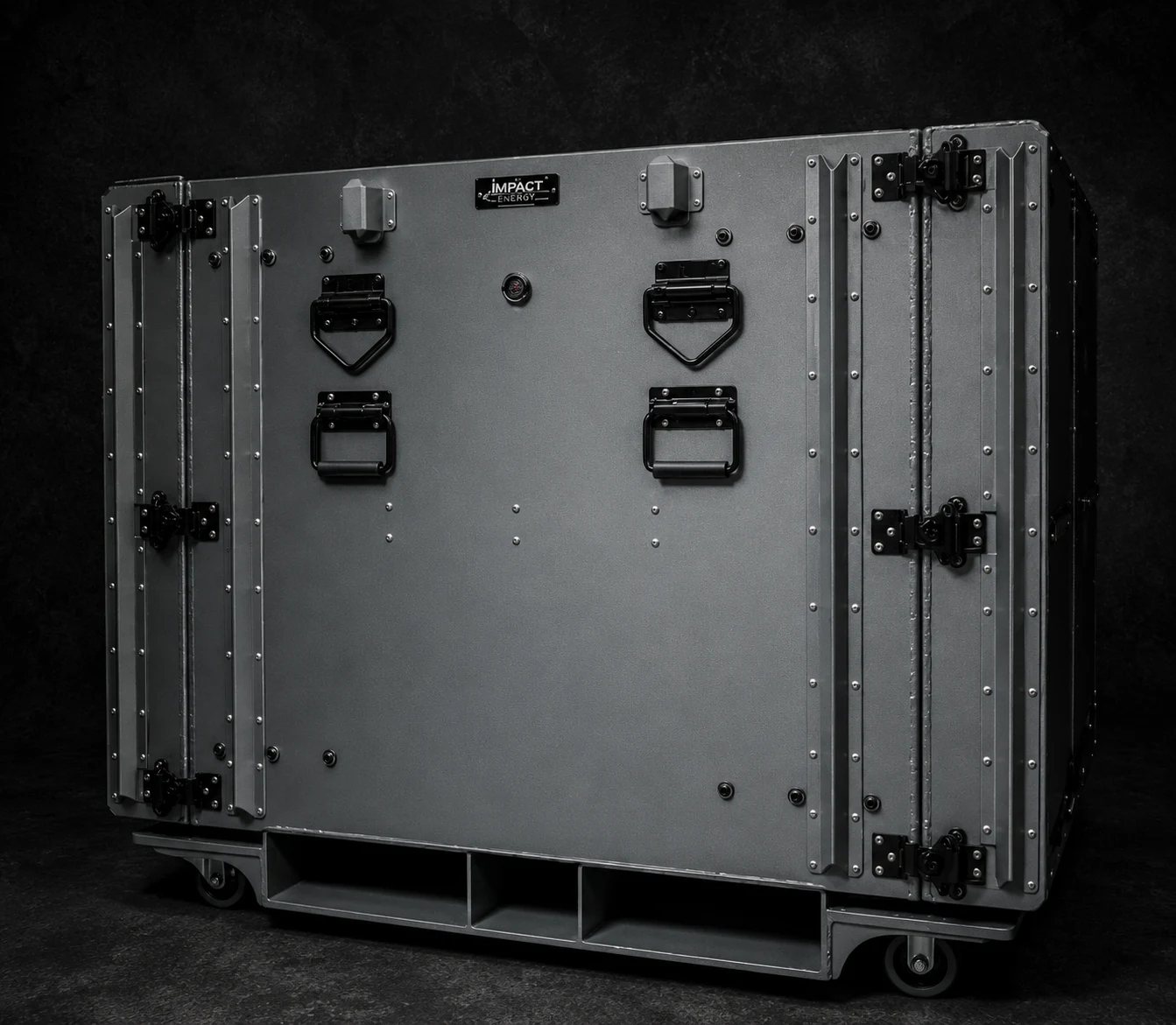 Impact Energy aluminum case on casters with recessed latch handles and rivet-seamed panels