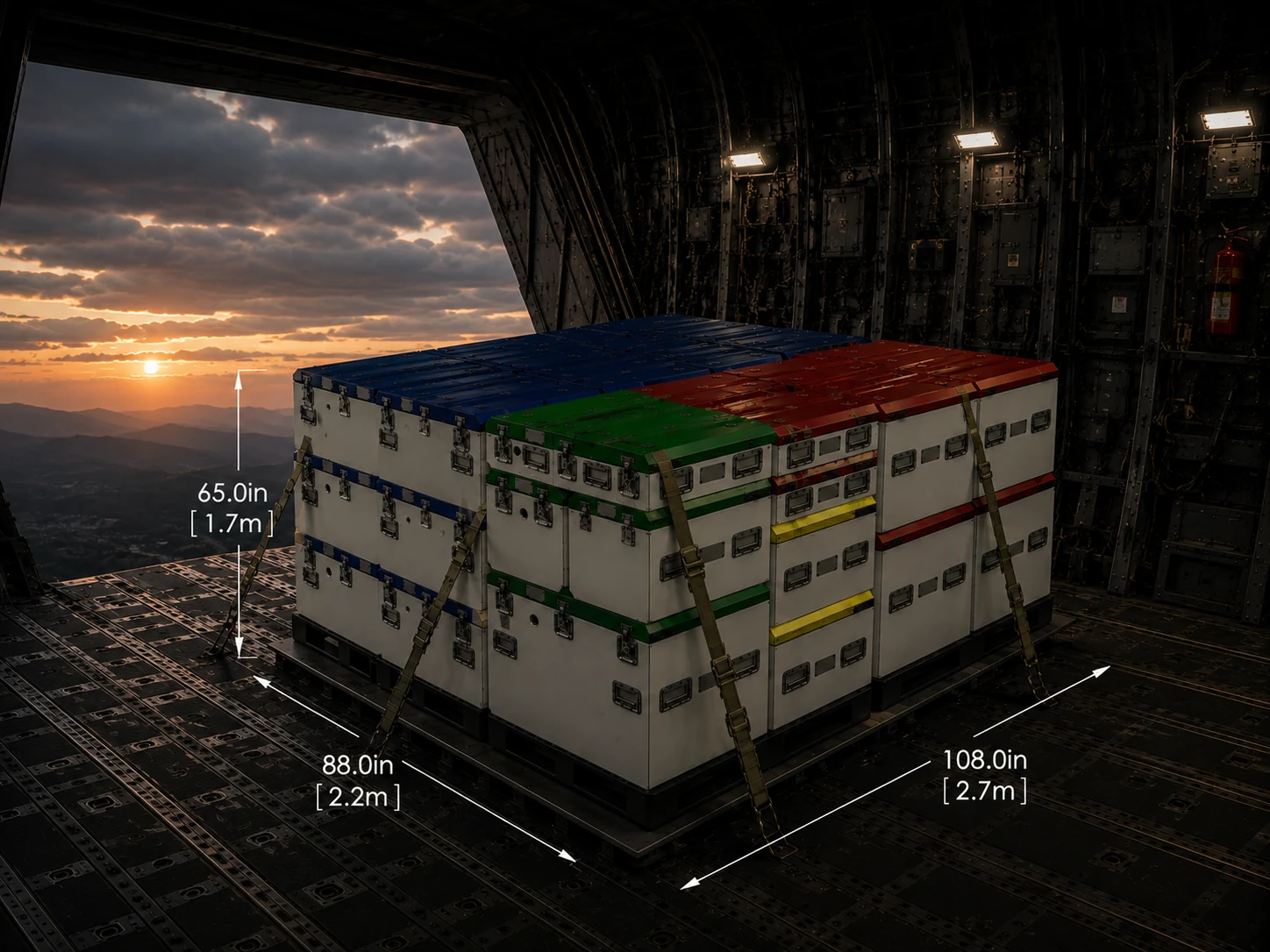 P.E.T.S. containers palletized and strapped for cargo aircraft loading