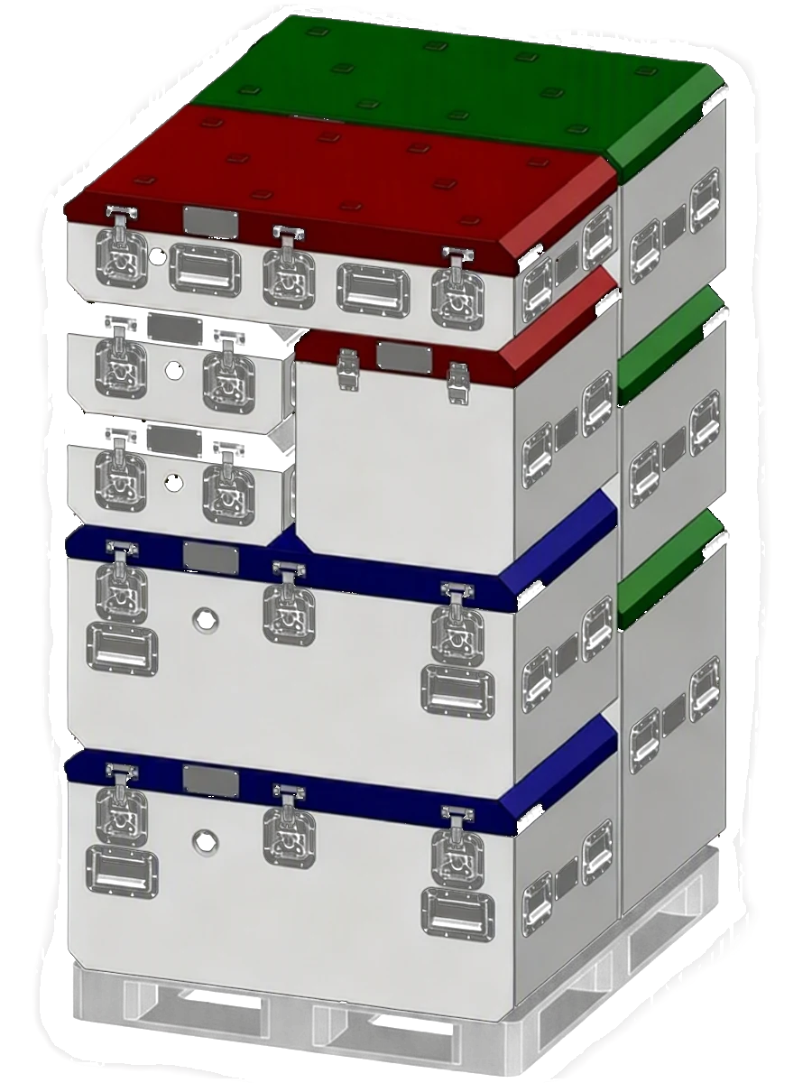 P.E.T.S. modular container system combining into a standard palletized cube