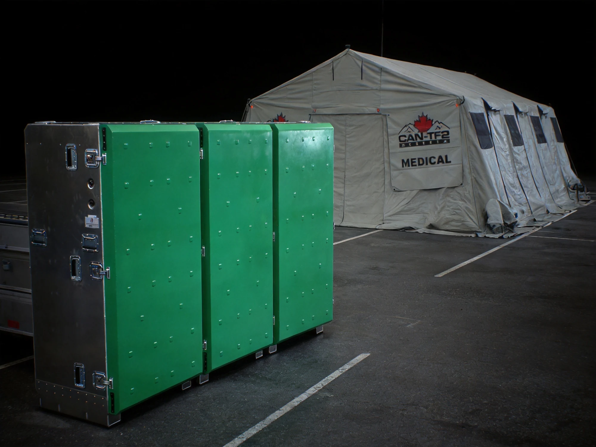 P.E.T.S. containers deployed beside a CAN-TF2 Heavy Urban Search & Rescue medical tent