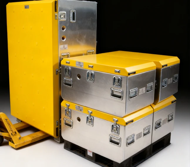P.E.T.S. lidded containers stacked and palletized for deployment