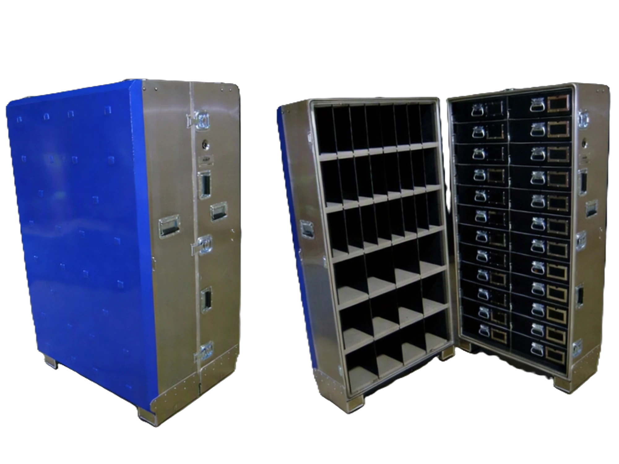 P.E.T.S. rackmount container shown closed and open with a custom drawer and slot interior configuration