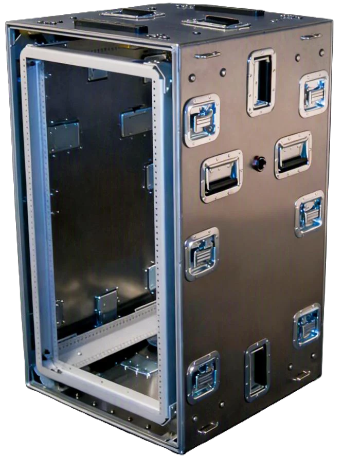 P.E.T.S. rackmount container open, showing the shock-mounted 19 in. aluminum rack frame