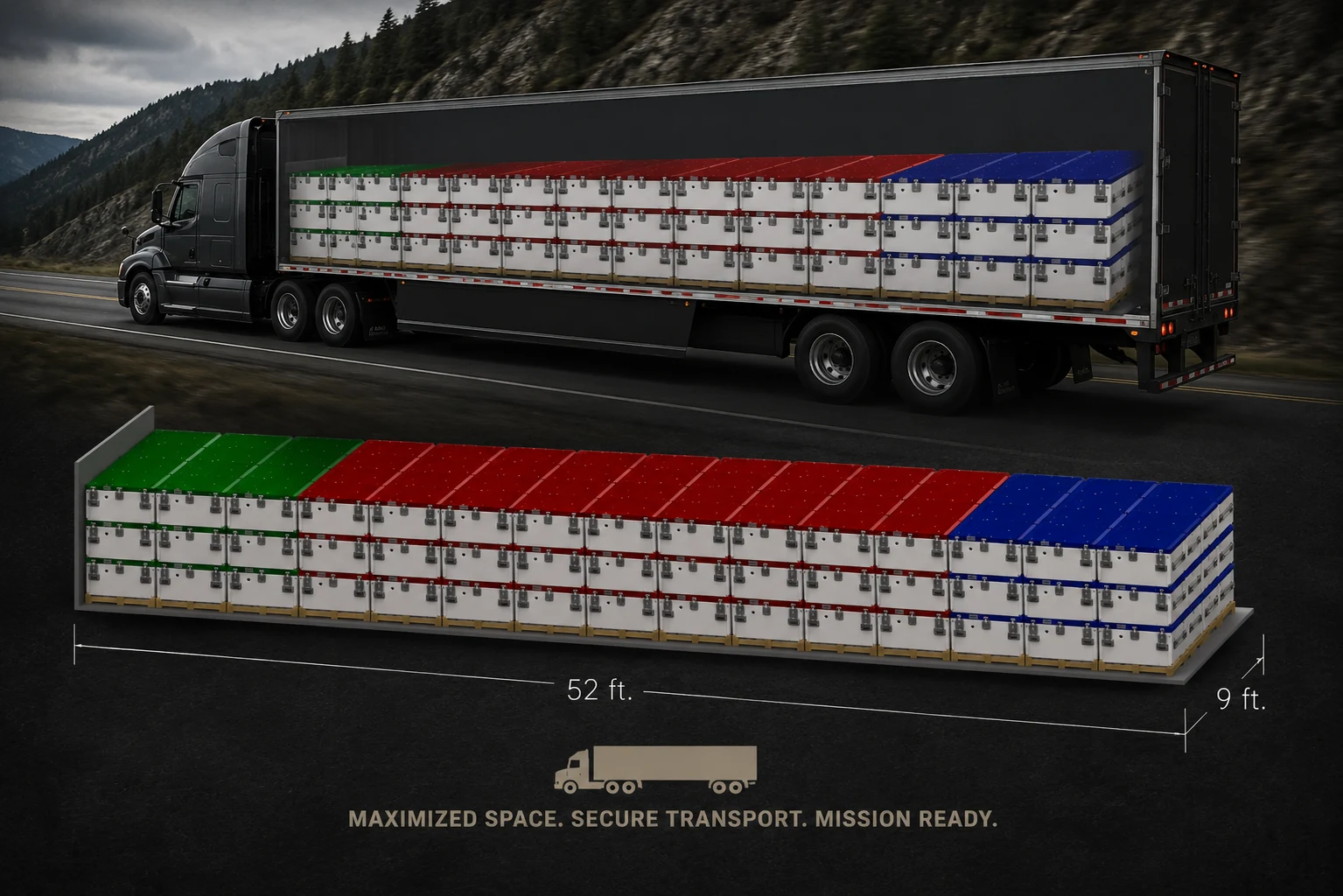 P.E.T.S. containers loaded three-high across a full 52-ft trailer