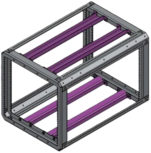 Adjustable horizontal equipment support rails on the inner Target rack frame