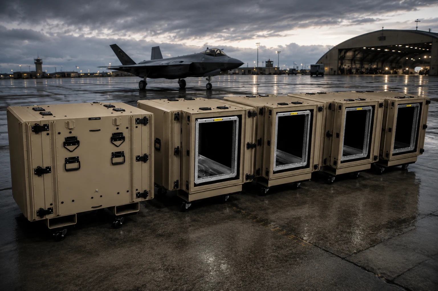 Row of tan Target rackmount cases on a wet flightline at dusk with a fighter jet and hangar behind them