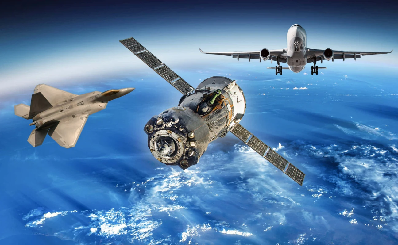 Fighter jet, spacecraft and airliner above the earth, aerospace sector