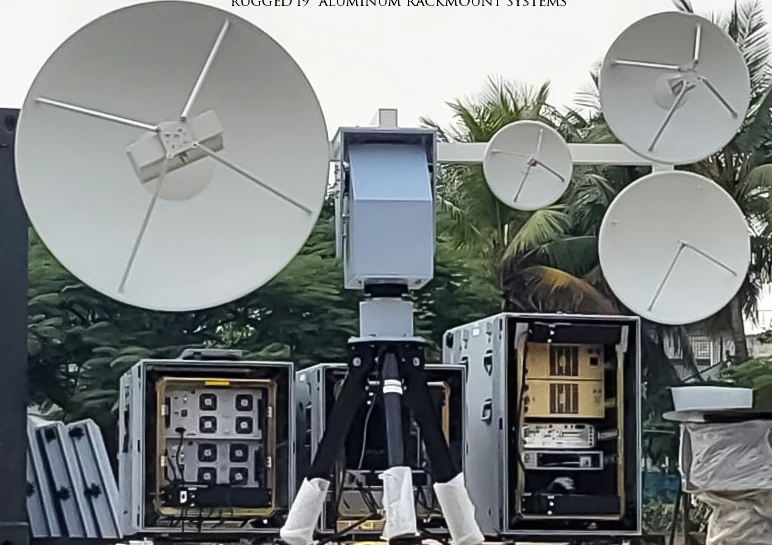 Field satellite uplink dishes with rugged 19-inch aluminum rackmount systems