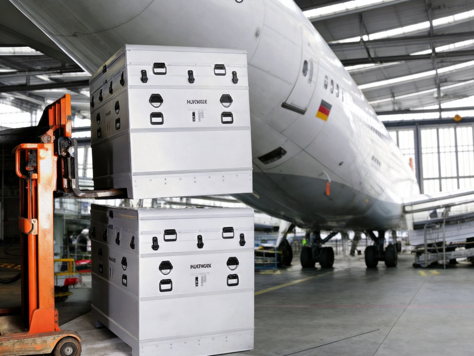 Aluminum shipping cases beside aircraft in maintenance hangar