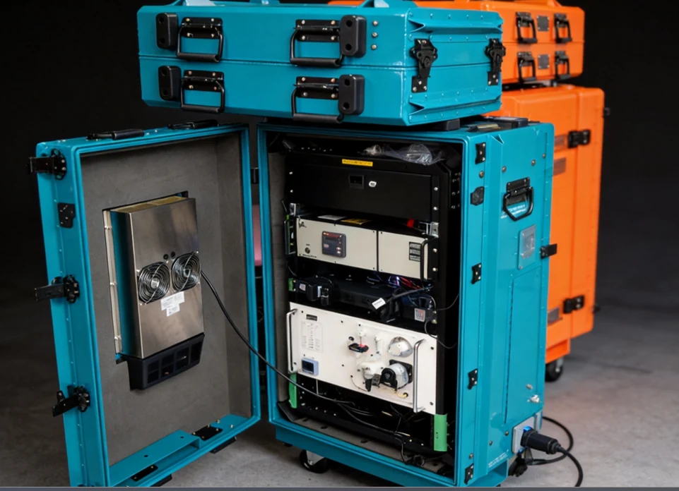 Target chiller case open, teal shell, showing rackmounted electronics and integrated climate control unit