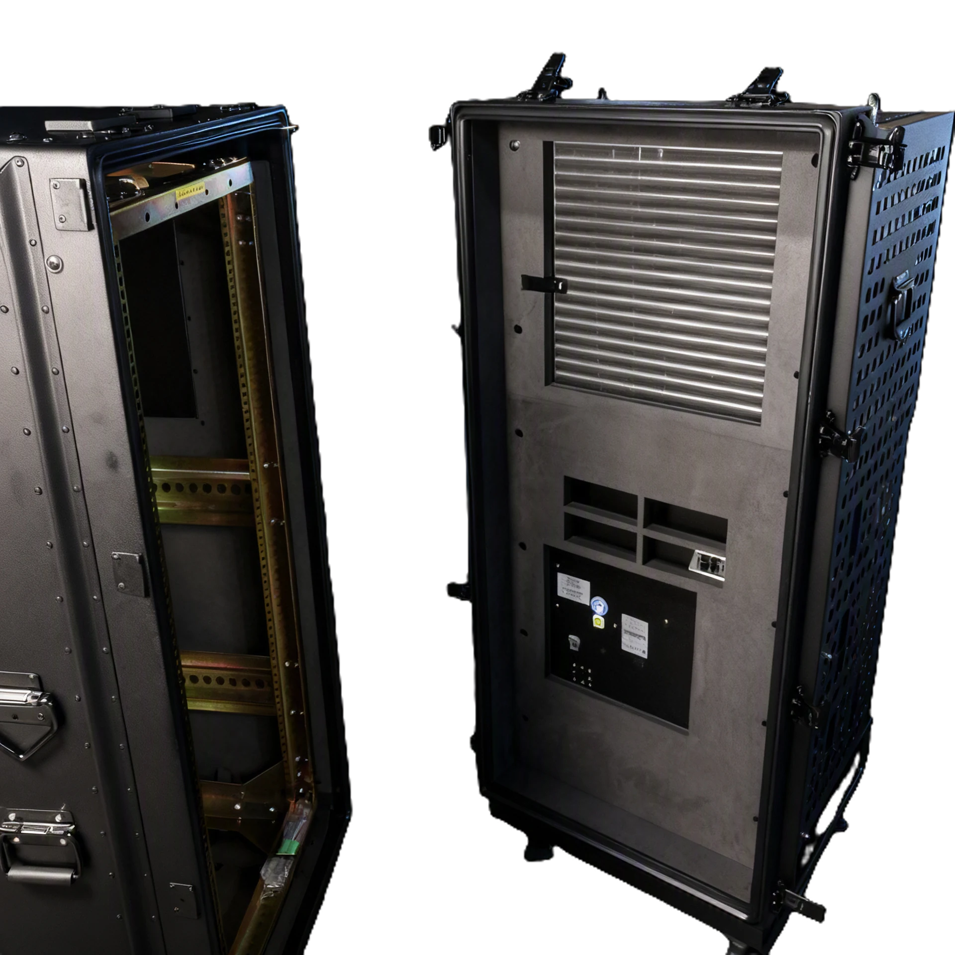 Target Climate Control System (CCS) rackmount case side view, one unit open showing the rack frame and one showing the side-mounted cooling unit