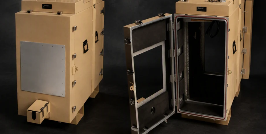 Target EMI/RFI shielded rackmount case, closed and open showing internal panel construction