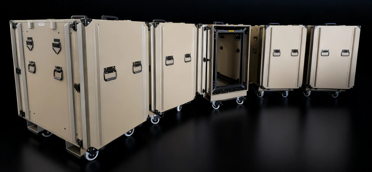 Lineup of Target Case Military shock-mounted STD 19 in. rackmount cases
