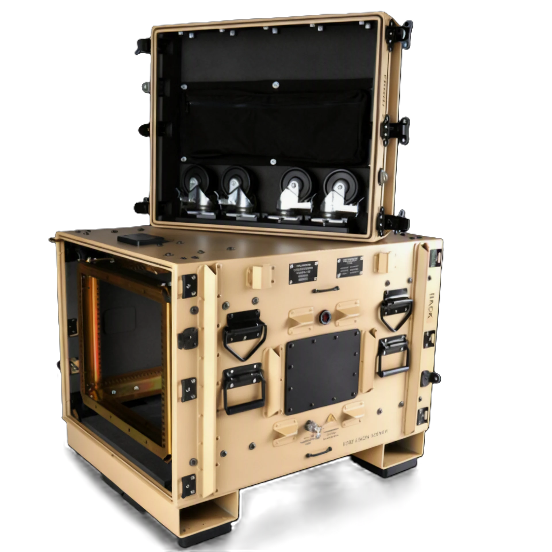 Target Military rackmount case with lid open showing removable casters stored in the lid