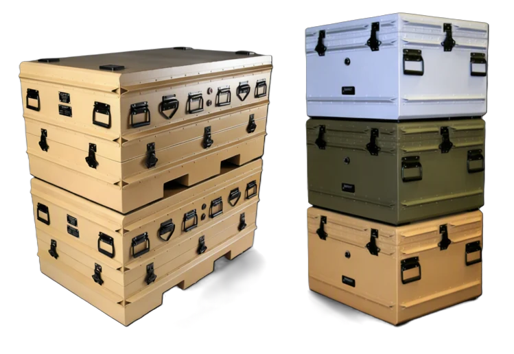 Target Military cases in low lustre powder coat finishes: Grey, Black, Desert Tan and Olive Drab